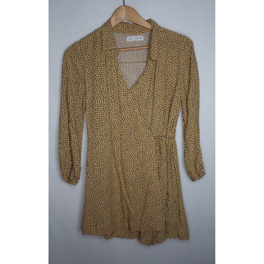 Zara Girls 13-14 Mustard Polka Dot Wrap Romper Long Sleeve Ruffle Collared EUC
